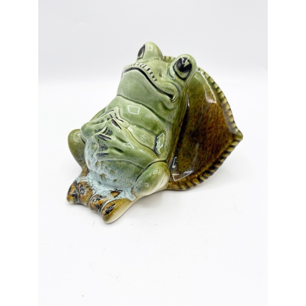 Majolica Frog Elweco Lounging On cushion Pillow Green Rare Cute Mid Century